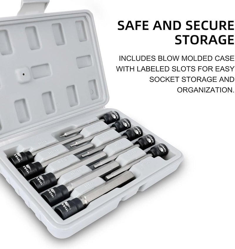 Narwhal Extra Long Allen Wrench Hex Bit Socket Set (10 Pack) - Long 6" Hex Bit in 3/8" Drive Sizes: 1/16", 1/8", 5/32", 3/16", 7/32", 1/4", 5/16", 3/8", 7/16", 1/2" - Image 4